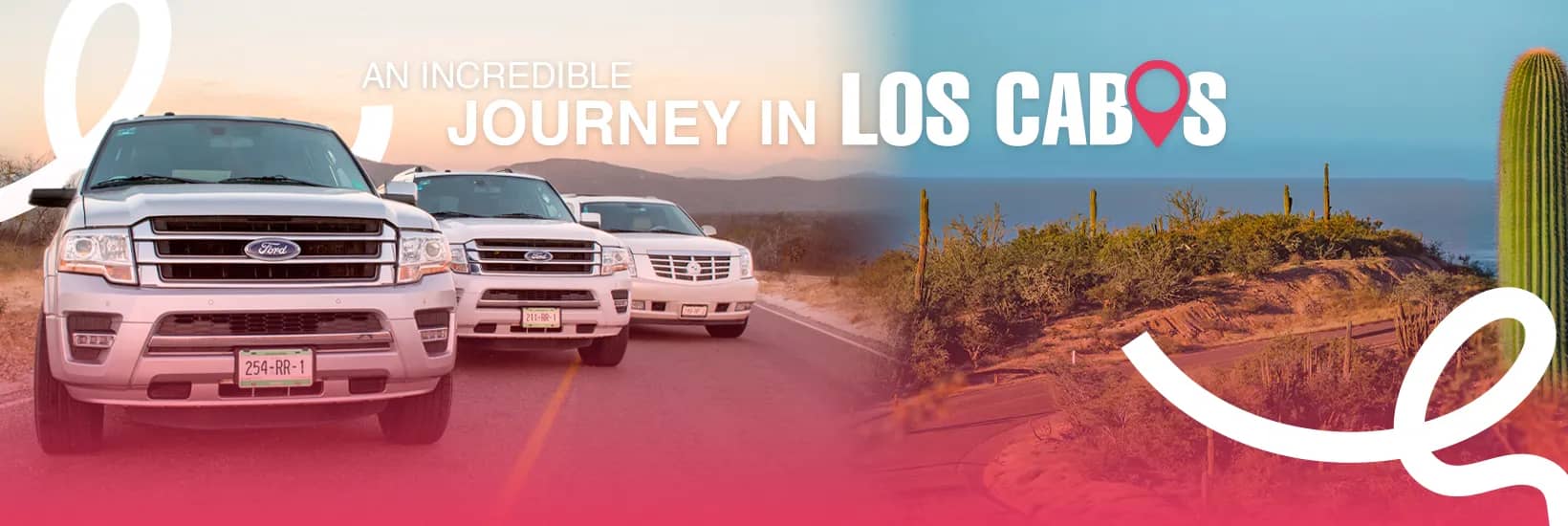 Fleet of TransVIP Suburban SUVs in a desert landscape of Los Cabos